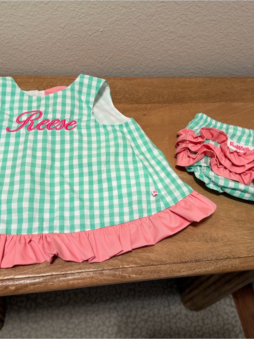Personalized Green Gingham Dress with Pink Ruffle Bloomers